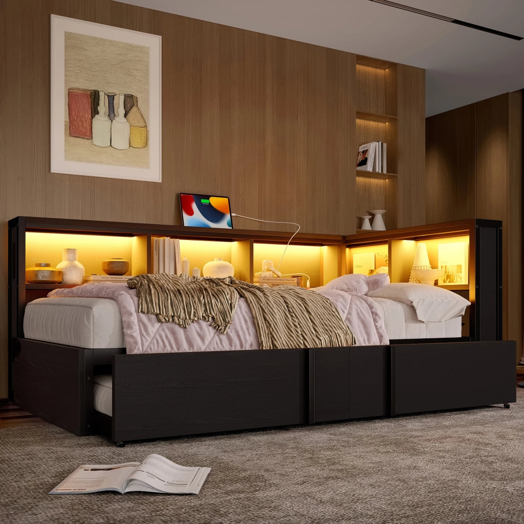 Letto Singolo con Estraibile, Contenitore, LED e USB ¨C MINIMAL ¨C Metallo Nero 90x200