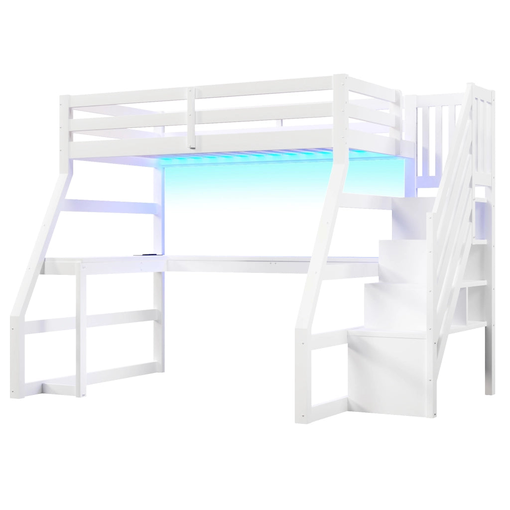 Letto a soppalco 90x200 con scrivania; bianco; scala contenitore e luci LED
