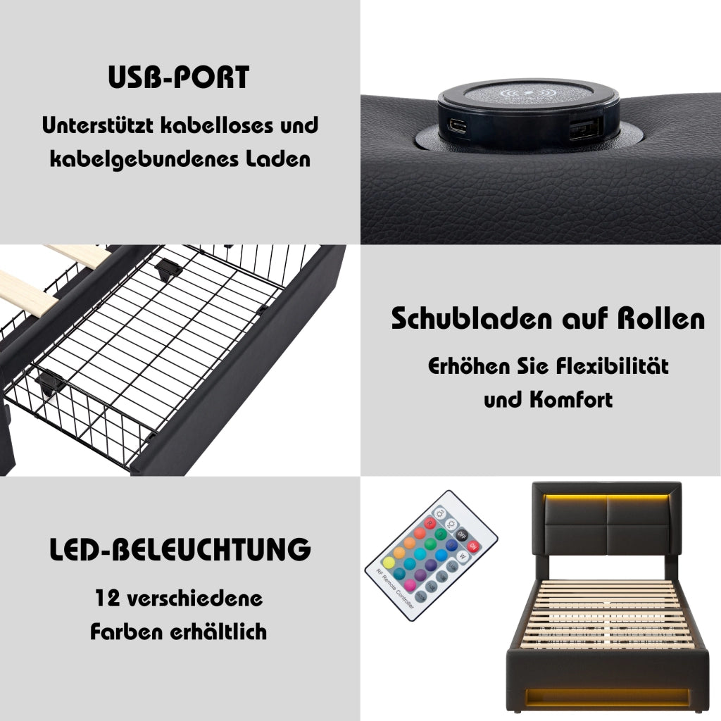Letto Singolo 90 x 200 cm con USB; LED e 4 Cassetti in PU Nero