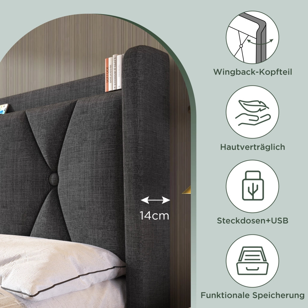 Letto imbottito USB 4 cassetti 160x200 doghe grigio