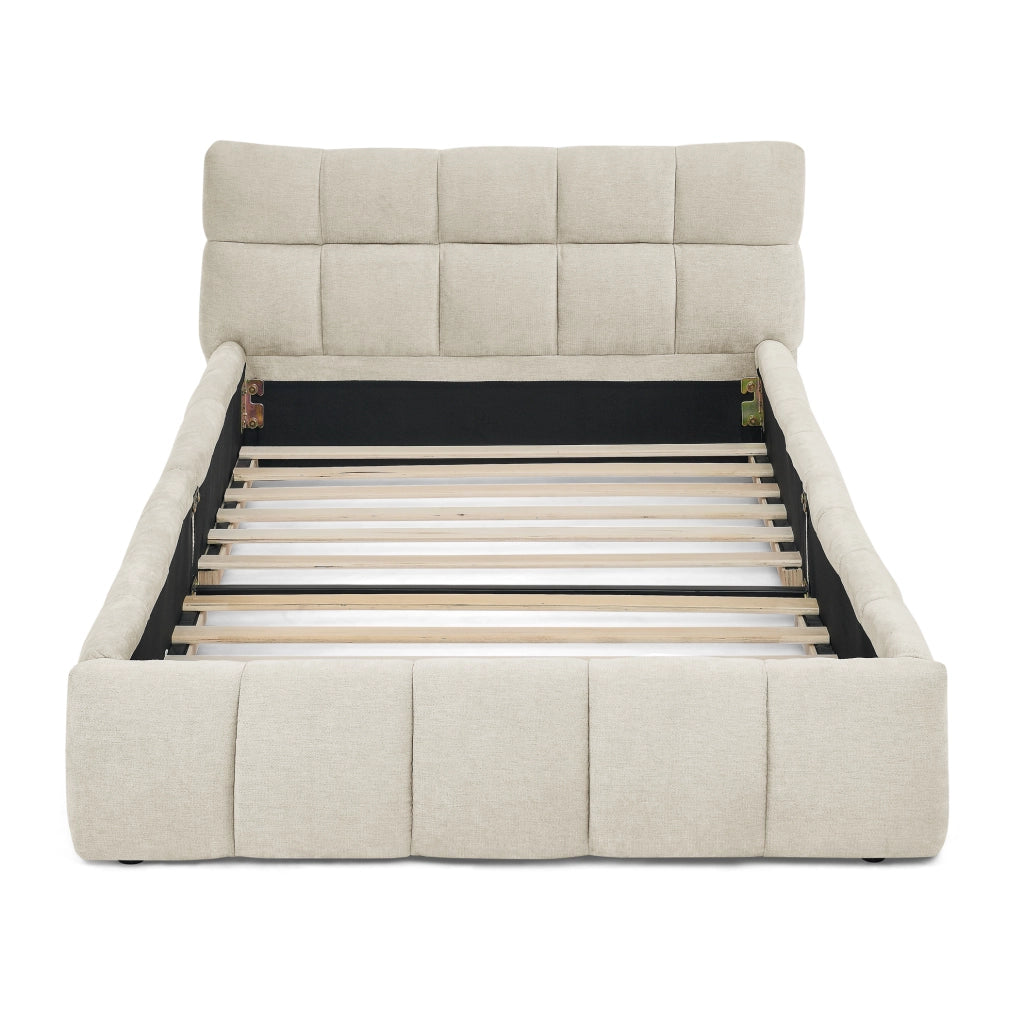 Letto singolo 90x200 cm per bambini con rivestimento in ciniglia beige, struttura in legno di eucalipto e telaio in ferro robusto, facile da montare (senza materasso)