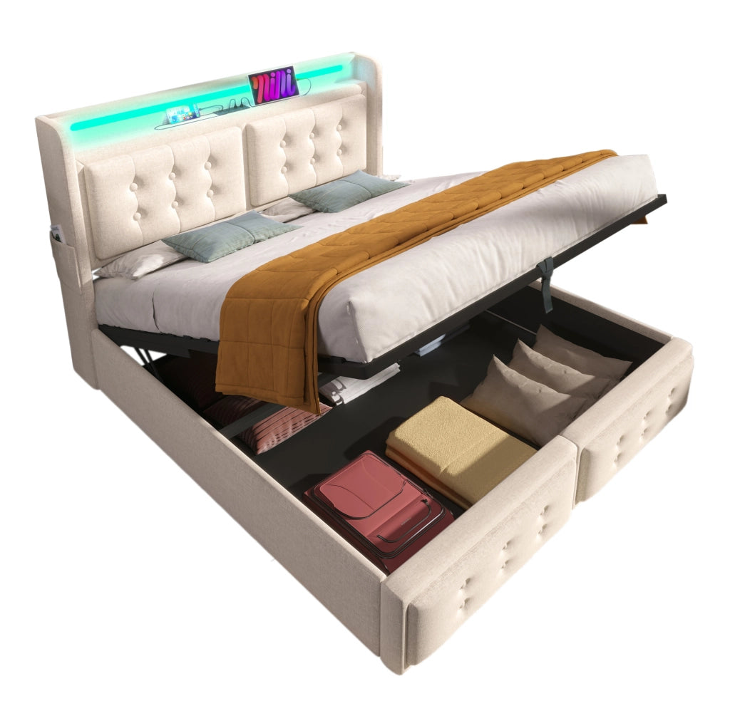 Letto matrimoniale 180x200 cm con contenitore; LED e USB C; tessuto cotone e lino beige