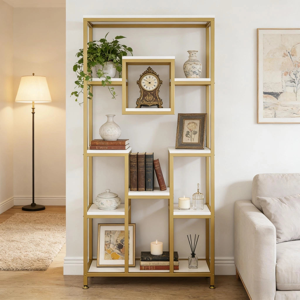 LIBRERIA Geometrica 11 ripiani aperti in metallo e legno oro e bianco
