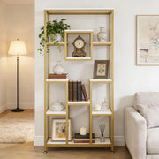 LIBRERIA Geometrica 11 ripiani aperti in metallo e legno oro e bianco
