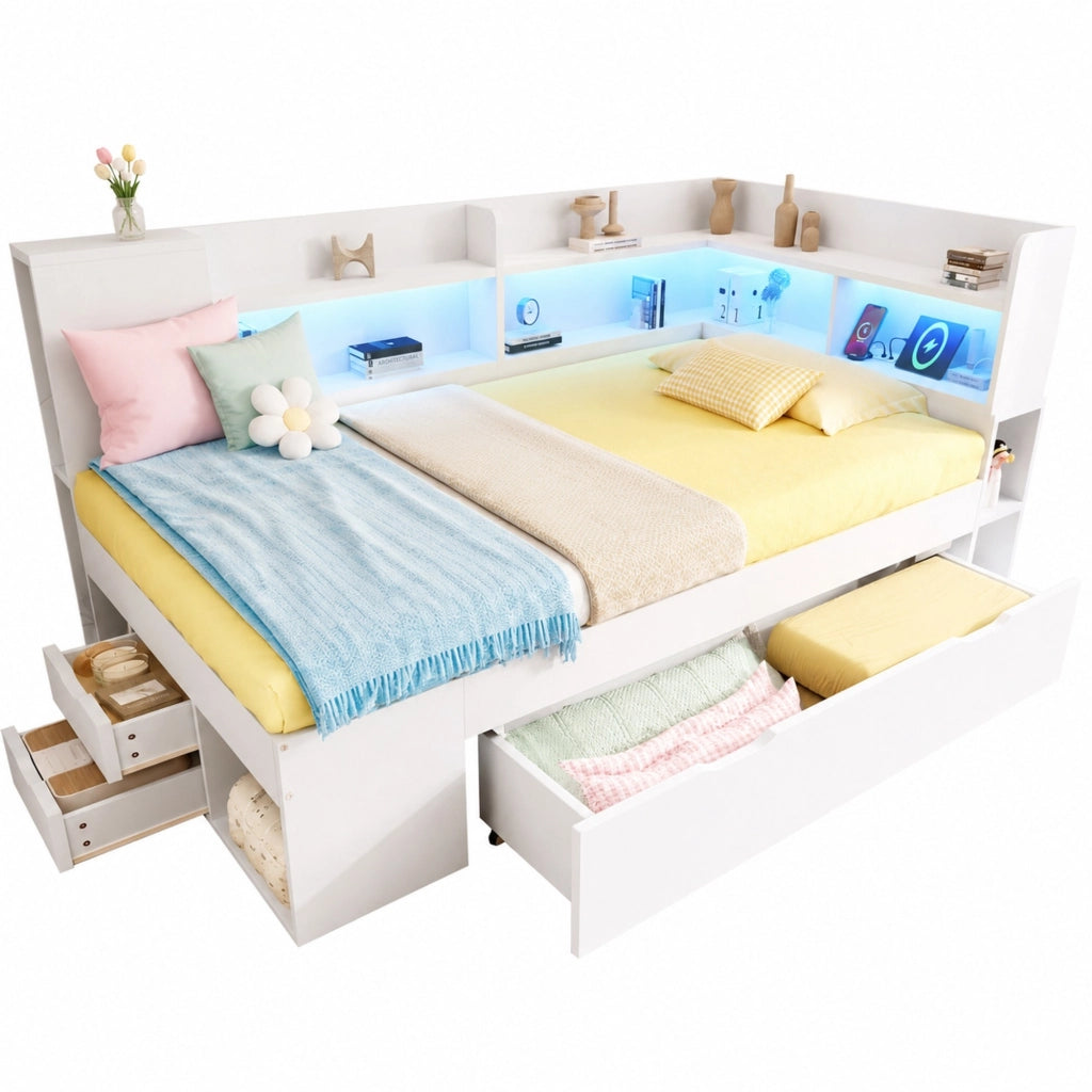 Letto singolo 90x200 cm bianco con LED, USB/Type-C, cassetti e ripiani