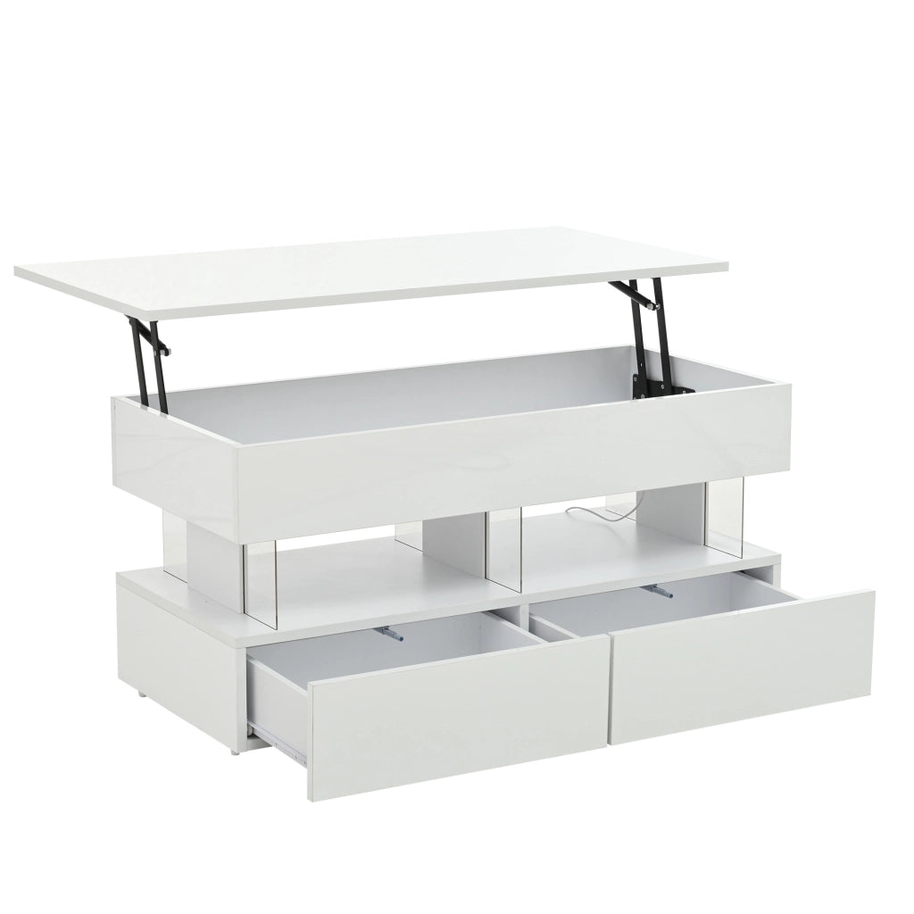 Tavolino da salotto sollevabile 100 x 50 x 46 cm bianco con 2 cassetti e LED