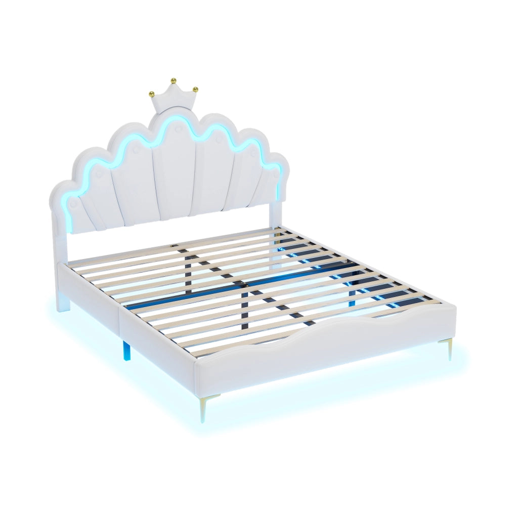 Crown Shape Princess Double Bed 140x200cm con strisce LED in PU bianca