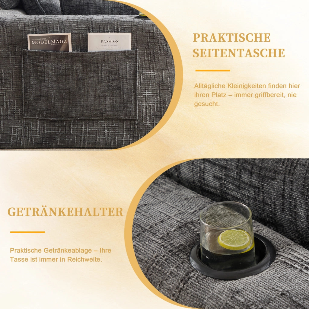 Divano modulare in ciniglia grigio scuro con tasche laterali cuscini e pouf 256 × 161 × 75 cm