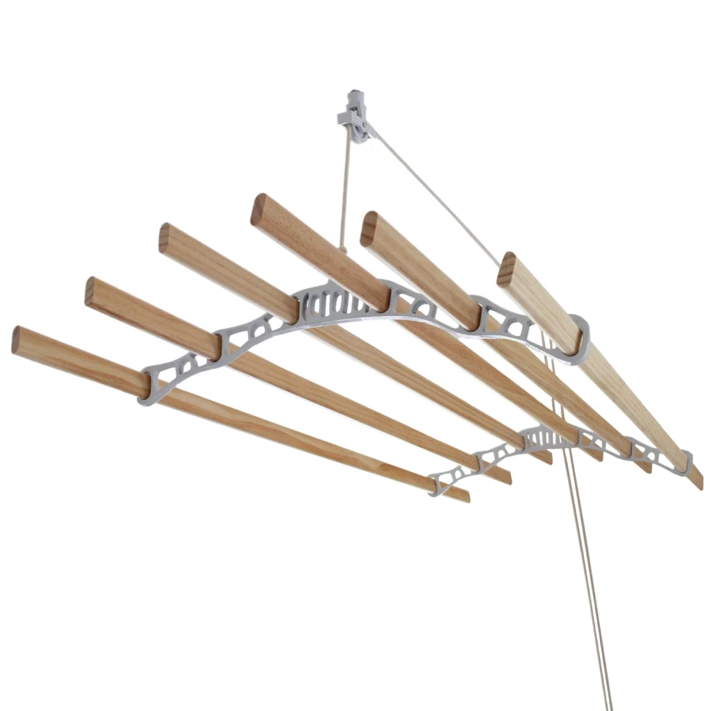 Stendibiancheria da Soffitto con 6 Stecche Legno 140cm e Supporti Ghisa Bianchi