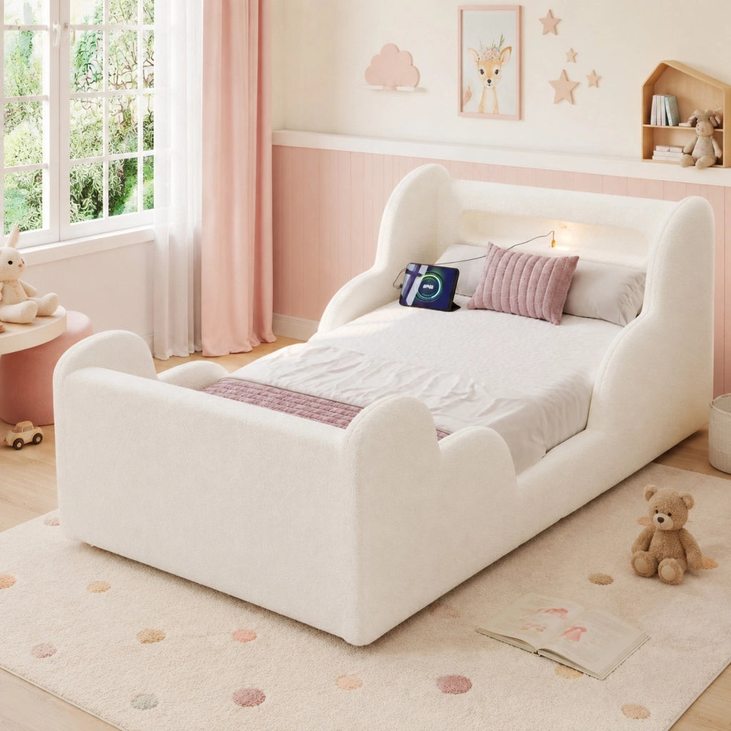 Letto per bambini 90x200 cm Bouclé beige con USB e luce