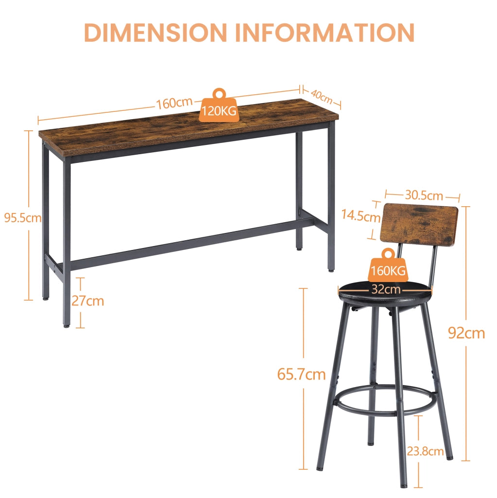 Set tavolo bar 160 cm con 3 sgabelli, marrone rustico e nero