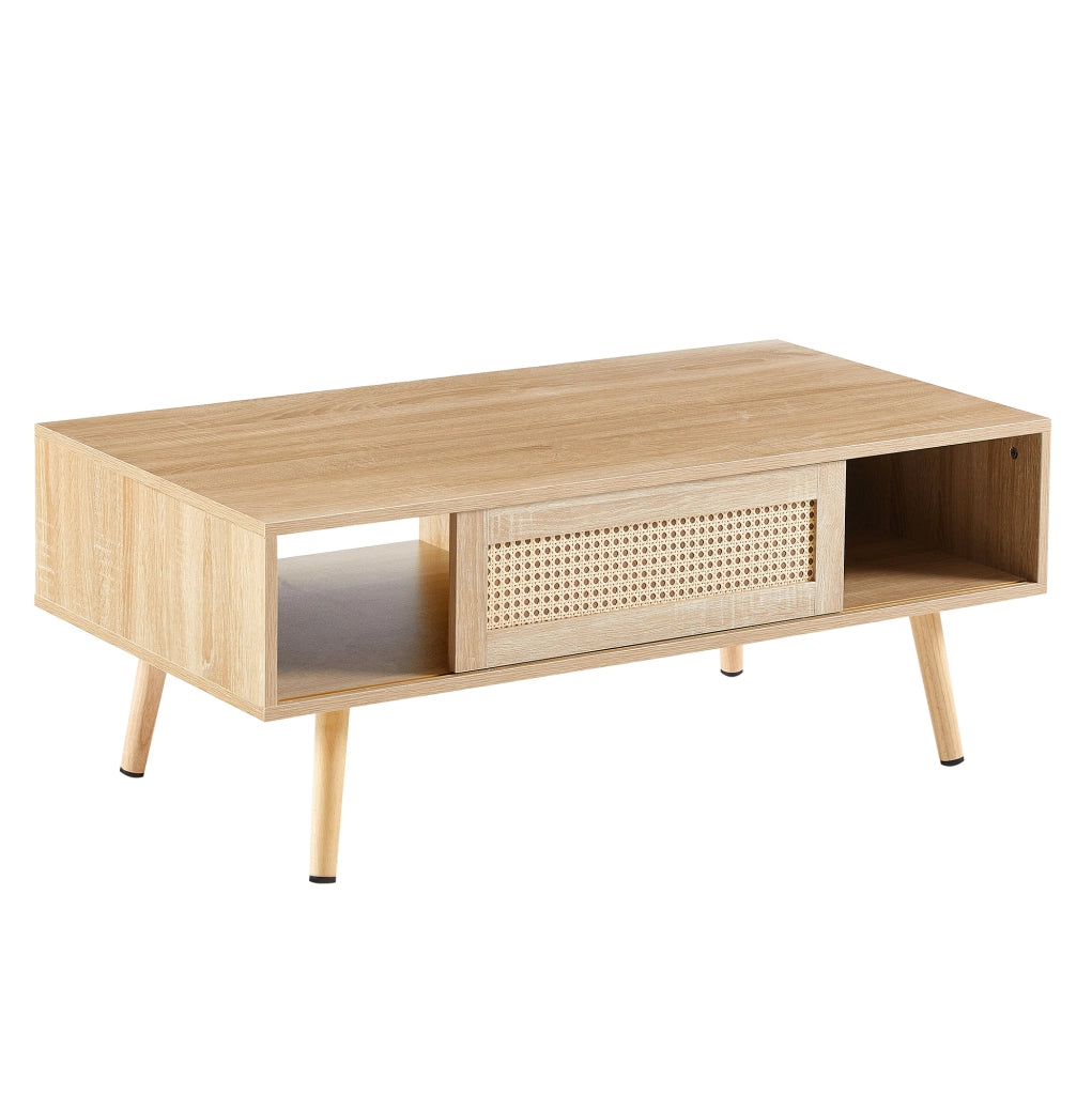 Tavolino 105x55x41,5 cm MDF finitura naturale anta scorrevole effetto rattan