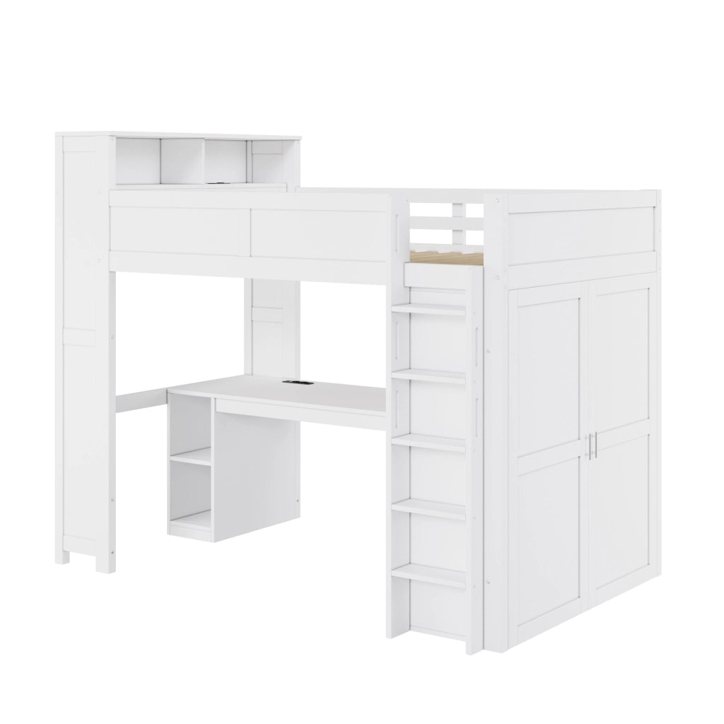 Letto a soppalco 90x200 con scrivania; armadio e illuminazione LED; bianco