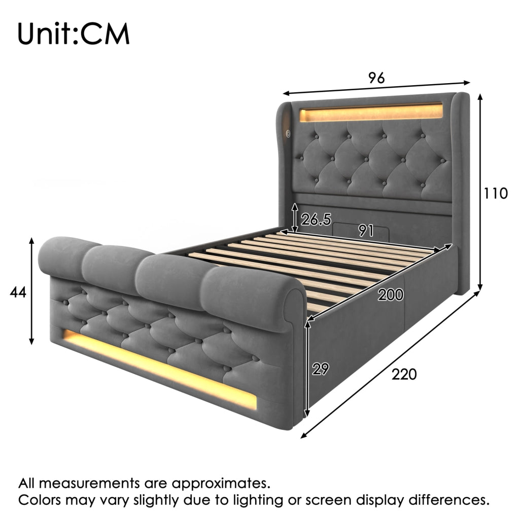 Letto singolo con contenitore; LED; USB e Type-C 90x200 cm in velluto grigio
