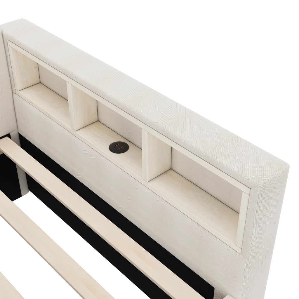 Letto con cassetti 140 × 200 cm con LED USB e Type-C in lino e MDF beige