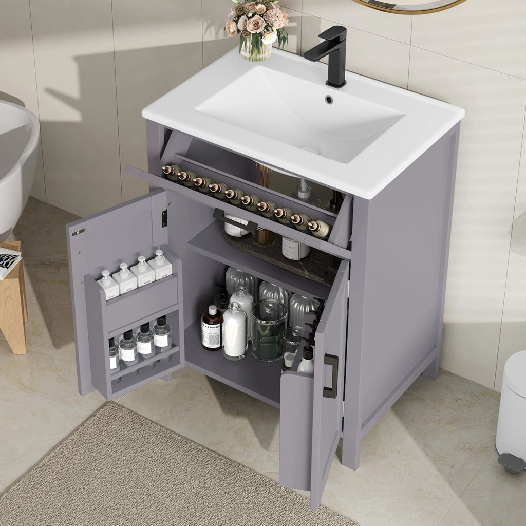 Mobile sottolavabo freestanding con lavabo in ceramica, ante doppie, cassetto reversibile e ripiano regolabile grigio 60 × 46 × 84,8 cm