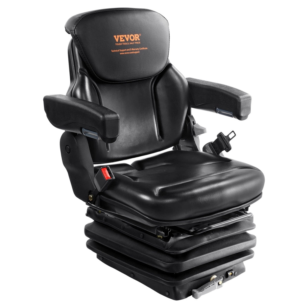 Sedile Universale per Trattore e Carrello Elevatore in PVC Nero, Schienale Regolabile con Cintura di Sicurezza e Braccioli