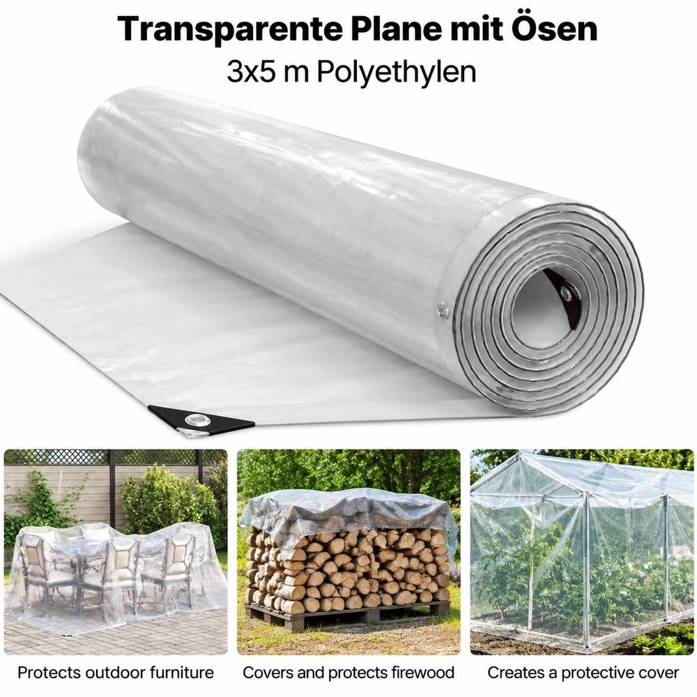 Telo trasparente con occhielli, 3x5 m, in polietilene, durevole e pratico, ideale per esterni, giardino e balcone