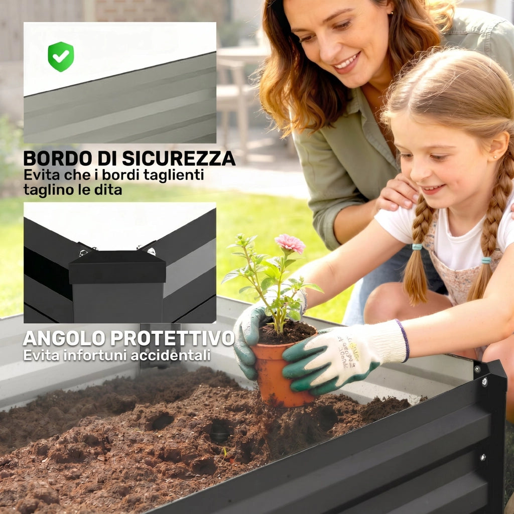 Set 2 Letti per Orto Rialzato in Acciaio Galvanizzato 100x60x30cm Fioriere Grigio con Fondo Aperto per Giardino