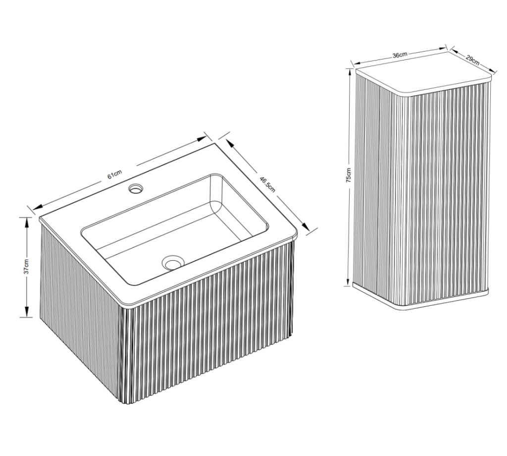 Set mobili bagno sospesi con lavabo e mobile laterale in MDF compensato e solid surface bianco