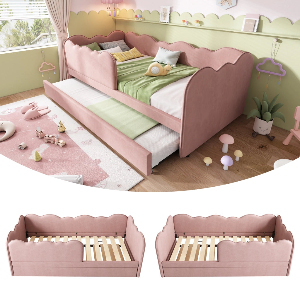 Divano letto imbottito 90x190 cm con letto estraibile 90x190 cm, letto per bambini con rete a doghe, velluto - Rosa (Senza materasso)
