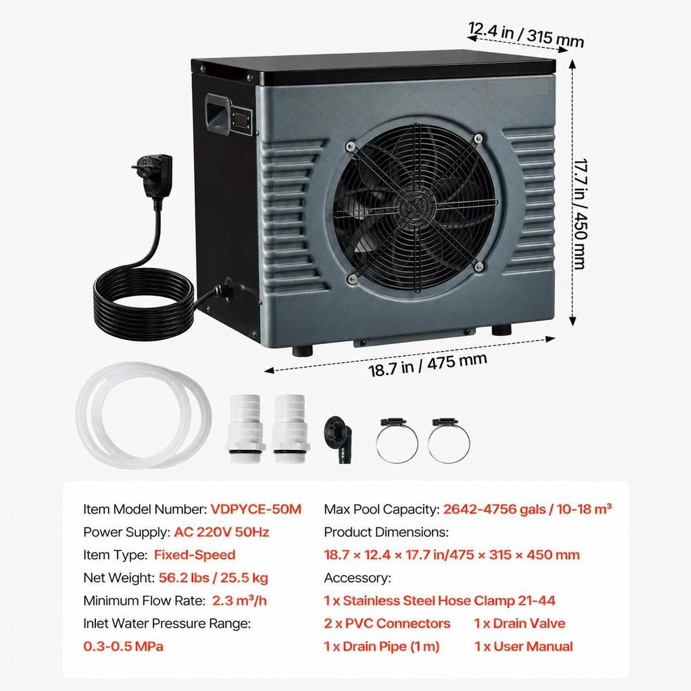 Pool Heat Pump 4920 W, Electric Pool Heater For Above-ground Pools Up To 18 M³, Max. COP 5.29, Low Noise, Residual Current Circuit Breaker, Heating Temperature 15–40 °C, Heating & Cooling Mode, Heat Exchanger