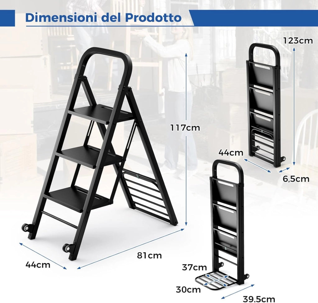 Scala a 3 Gradini Pieghevole con Ruote, 2 in 1 Scala e Carrello a Mano, Carrello a Mano con Ampie Pedane, Carrello Portapacchi a Scala in Metallo, Carico Massimo 250 kg