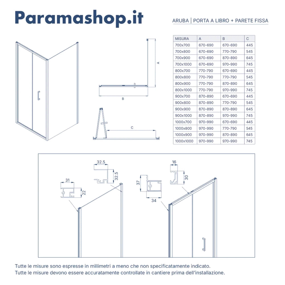 Box doccia 80x90 cm con apertura a libro vetro 6mm trasparente h195 cm | Aruba