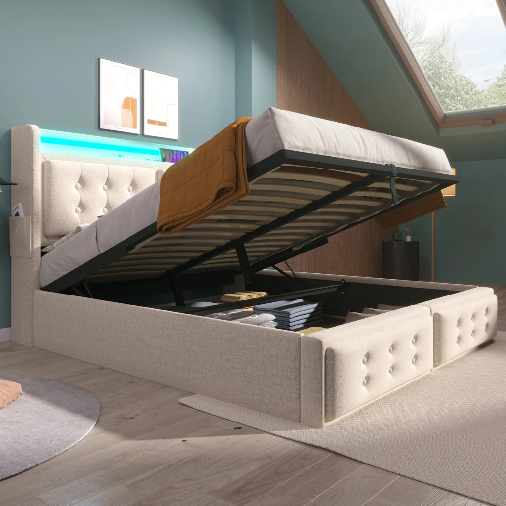 Letto imbottito 140x200 cm beige con materasso, LED e USB-C