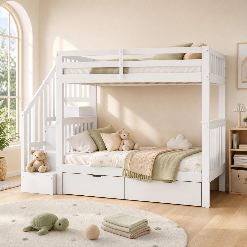 Letto a castello 90x200 cm con scala e 2 cassetti; legno di pino e MDF; bianco