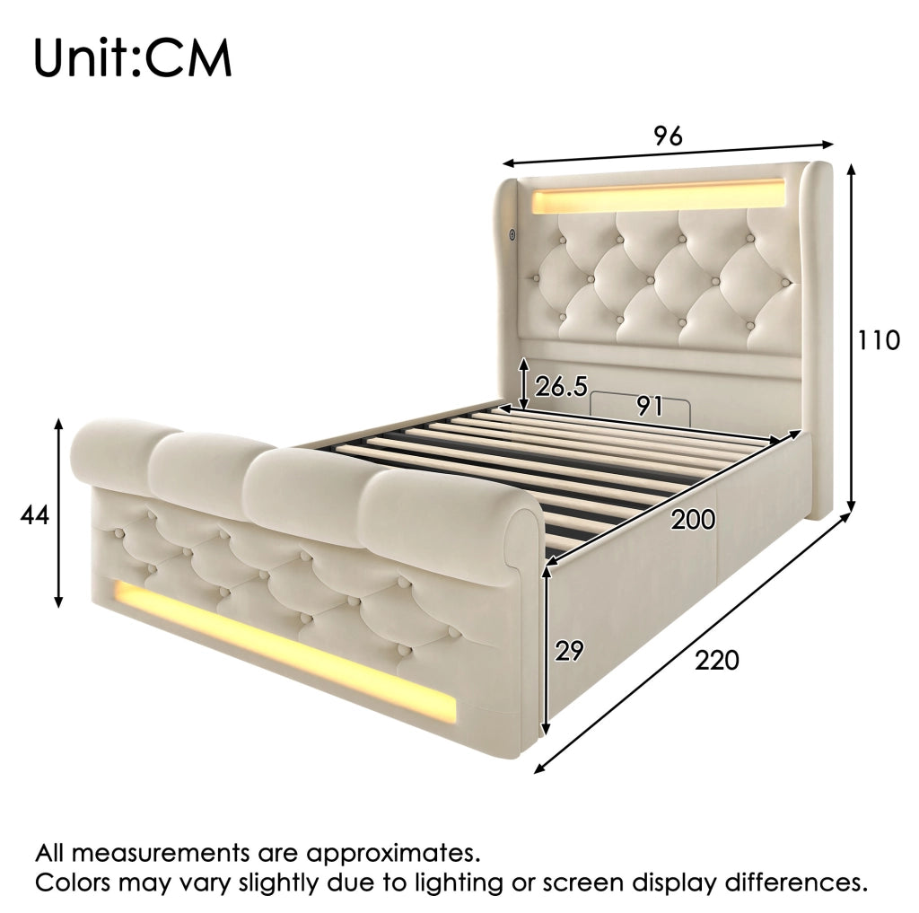 Letto imbottito contenitore 90 × 200 cm con LED; USB e Type-C; velluto beige