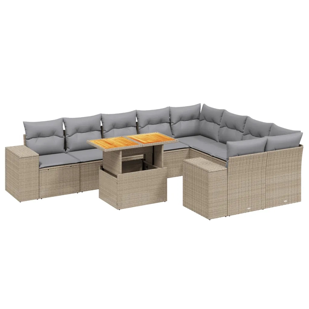 Set Divano da Giardino 10 pz con Cuscini Beige in Polyrattan