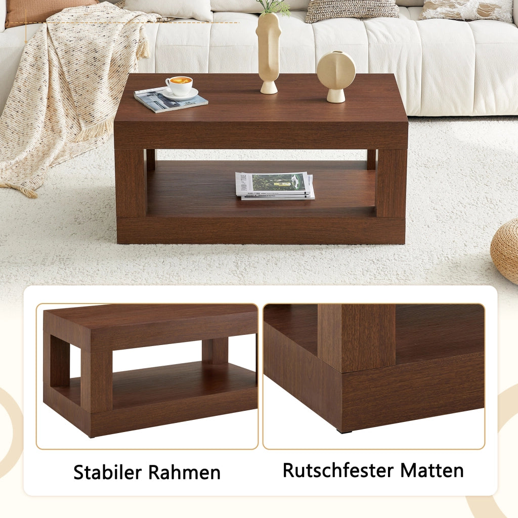 Tavolino da salotto fisso rettangolare a 2 livelli con ripiano aperto; in MDF; per soggiorno; 104×65.5×28 cm; noce