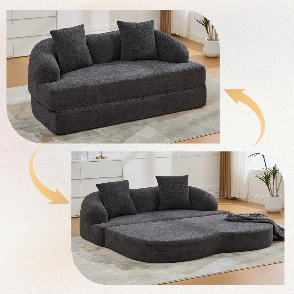 Divano letto 2 posti pieghevole con due cuscini schienale in chenille e schiuma grigio scuro 157 × 84 × 65 cm