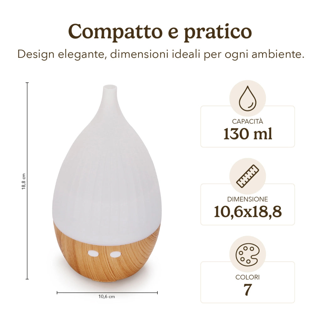 Diffusore di Aromi 130 ml con Luce LED 7 Colori, Umidificatore per Ambienti e Aromaterapia, Autonomia fino a 3 Ore, Design Effetto Legno, Alimentazione USB/240V