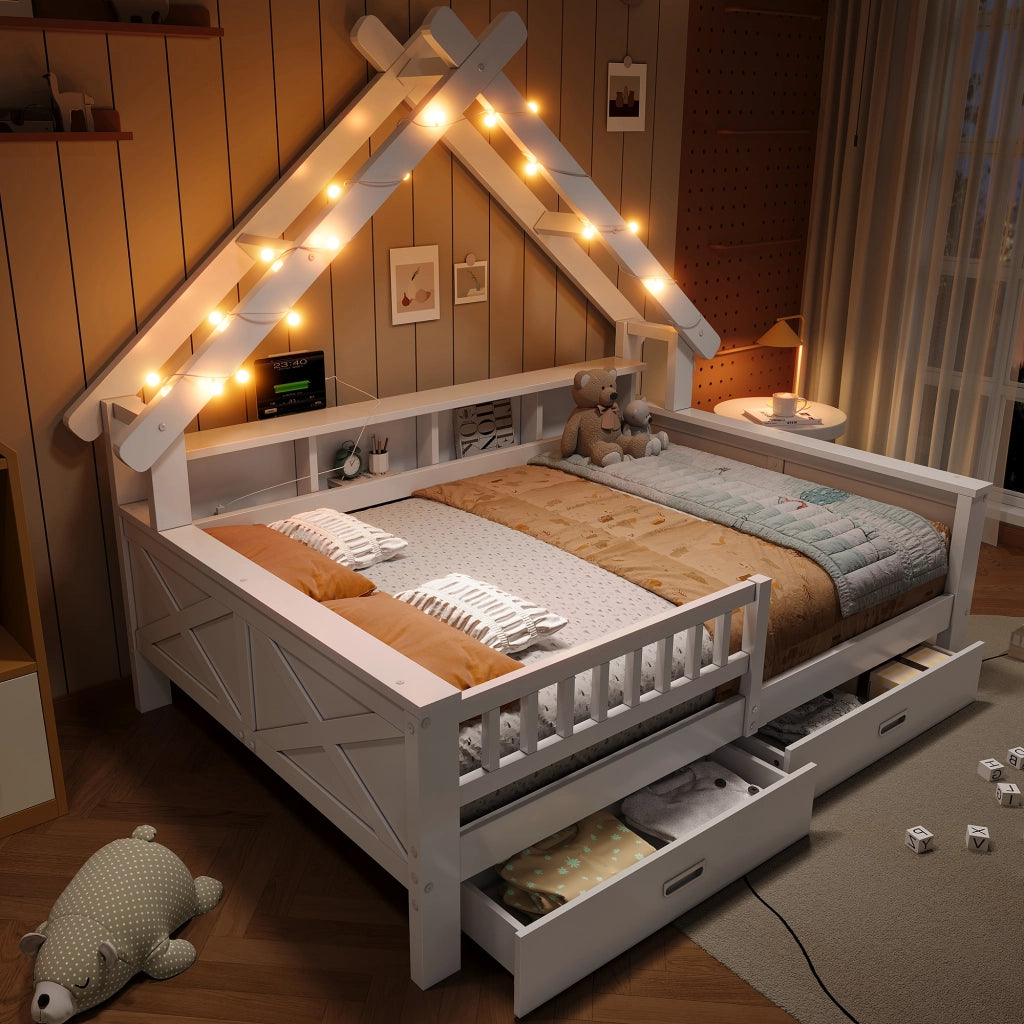 Letto a casetta 140 x 200 cm, 2 cassetti + mensole, LED, MDF e pino, bianco, per camera bambini
