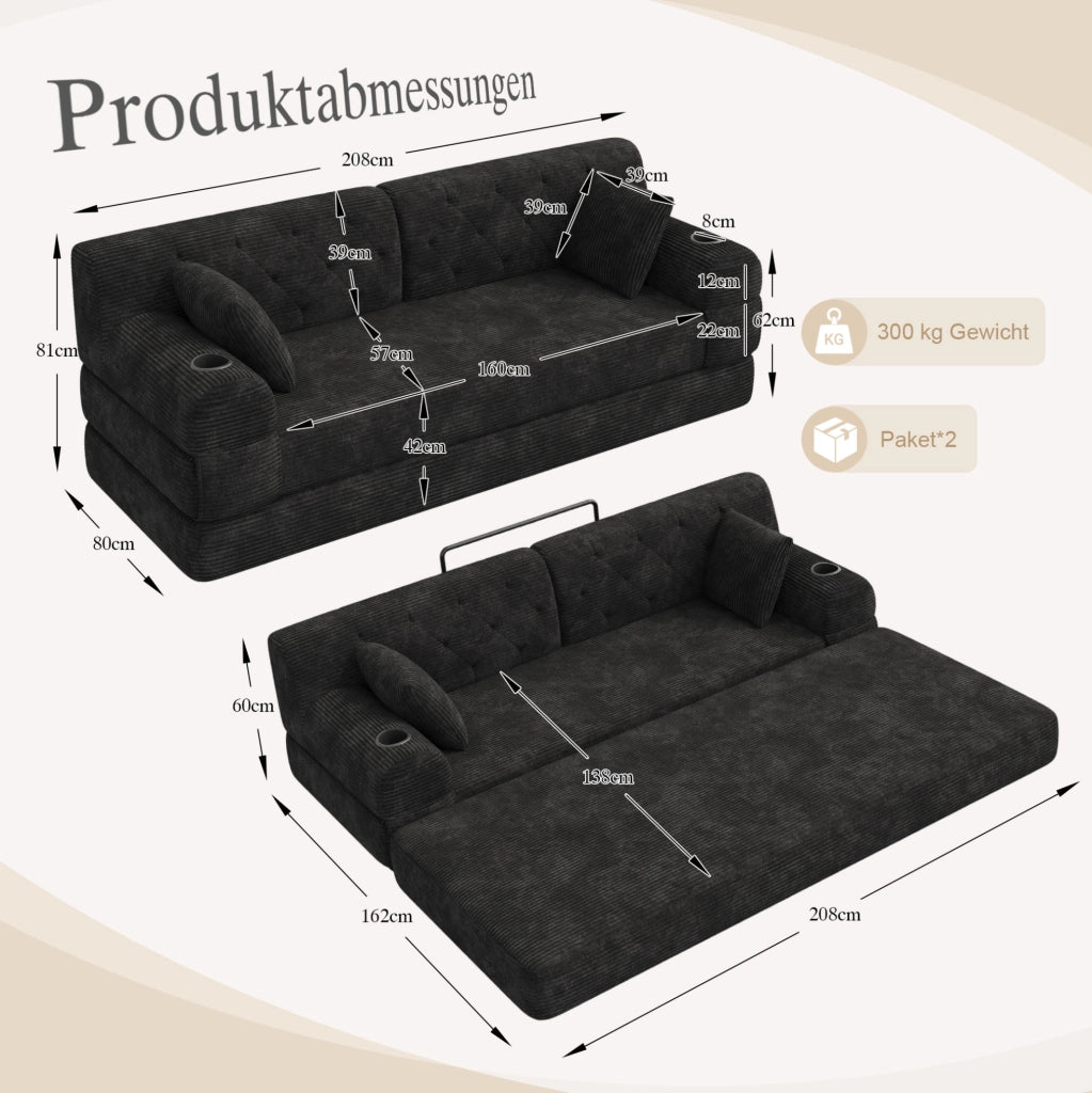 Divano Letto 3 Posti in Corduroy Nero con Schienale Alto, Struttura in Metallo, 4 Tasche Laterali e 2 Portabicchieri - Ideale per Soggiorno e Spazi Ridotti