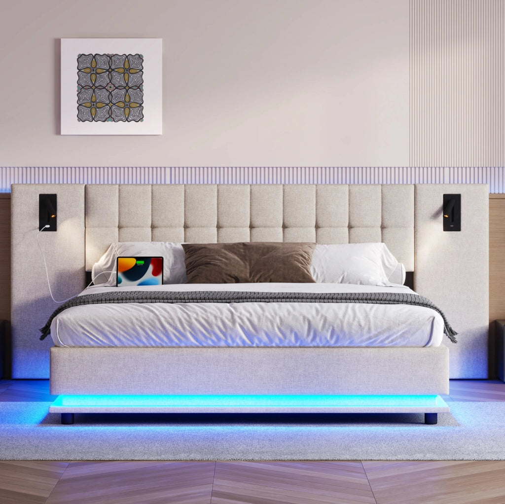 Letto imbottito 180x200 cm beige in lino con LED, luce da lettura e USB