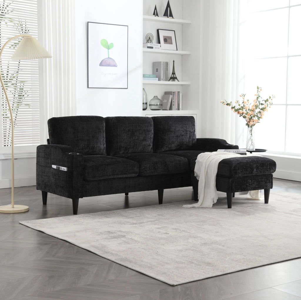 Divano 4 posti con pouf contenitore; portabicchieri e tasche laterali; chenille nero