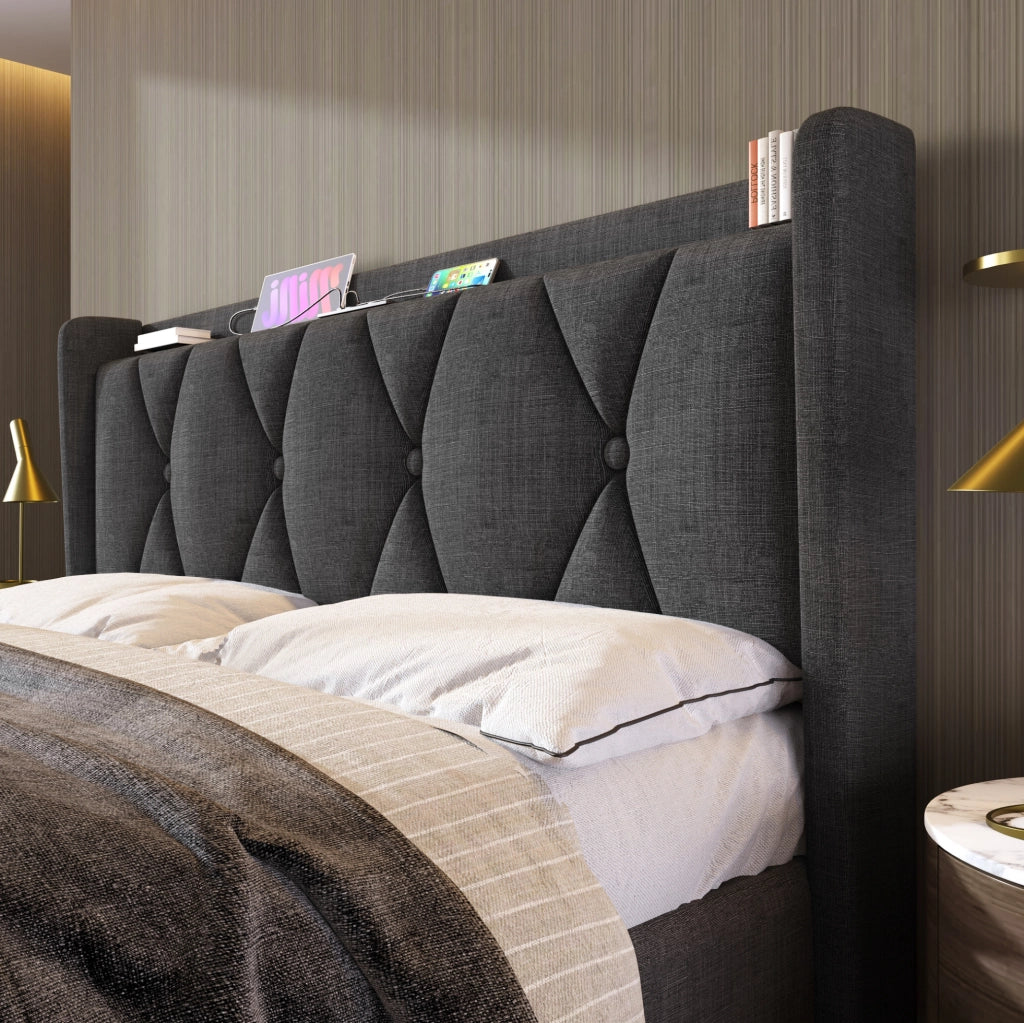Letto imbottito 160x200 cm con 4 cassetti e prese USB in tessuto di lino grigio