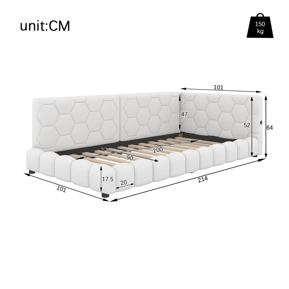 Letto daybett con rete a doghe e LED ¨C Minimal ¨C Bianco similpelle 90x200cm con USB Type-C