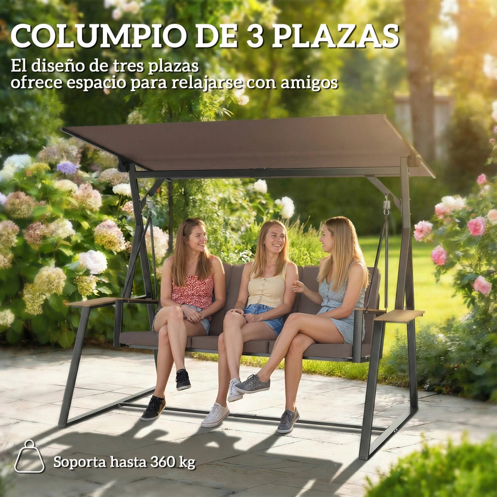 Dondolo Giardino 3 Posti con Tetto Regolabile Cuscini e Bandeja ¨C Minimal ¨C Marrone