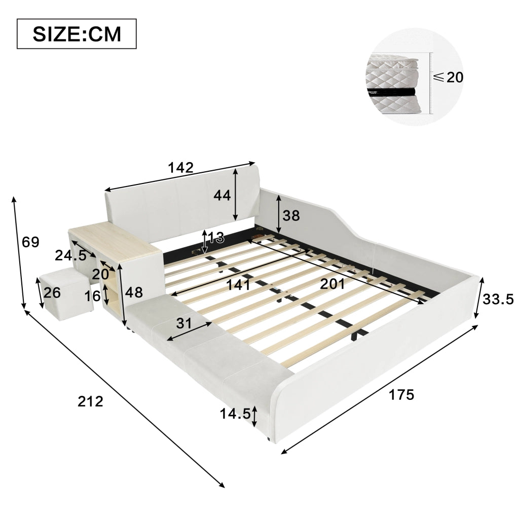 Letto imbottito per bambini 140x200 cm con scrivania e sgabello, velluto bianco