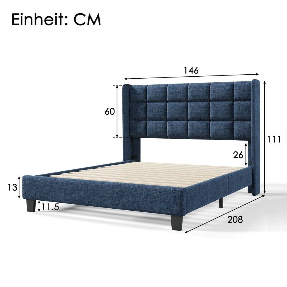 Letto imbottito matrimoniale con rete a doghe ¨C Minimal ¨C Blu lino 140x200 cm