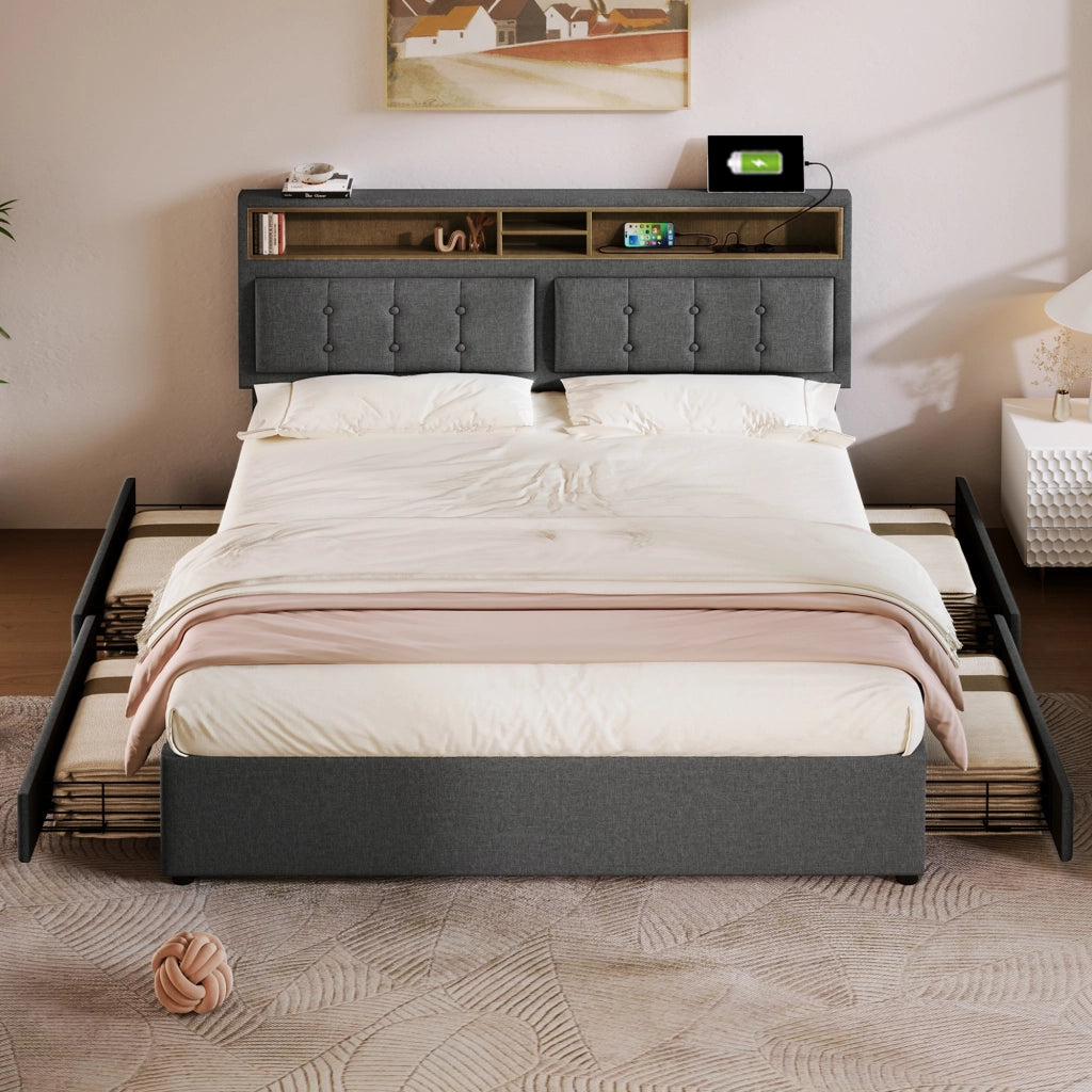 Letto imbottito 140x200 con 4 cassetti e materasso