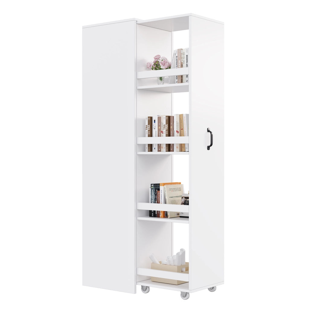 Scaffale stretto con ruote e box protettive in MDF bianco