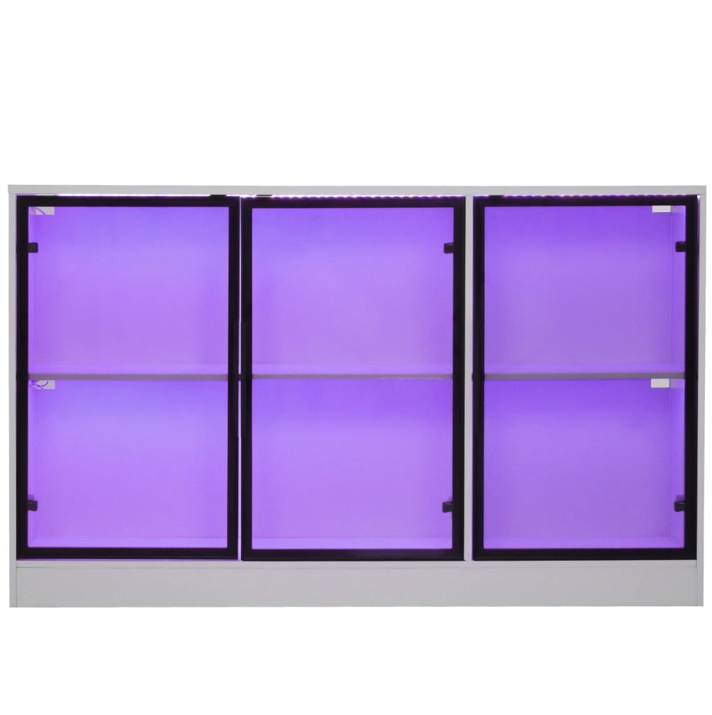 Vetrina in vetro grigia con LED, 120 x 30 x 73 cm, struttura bianca in truciolato, ante in vetro temperato, ideale per salotto, ufficio o sala da pranzo