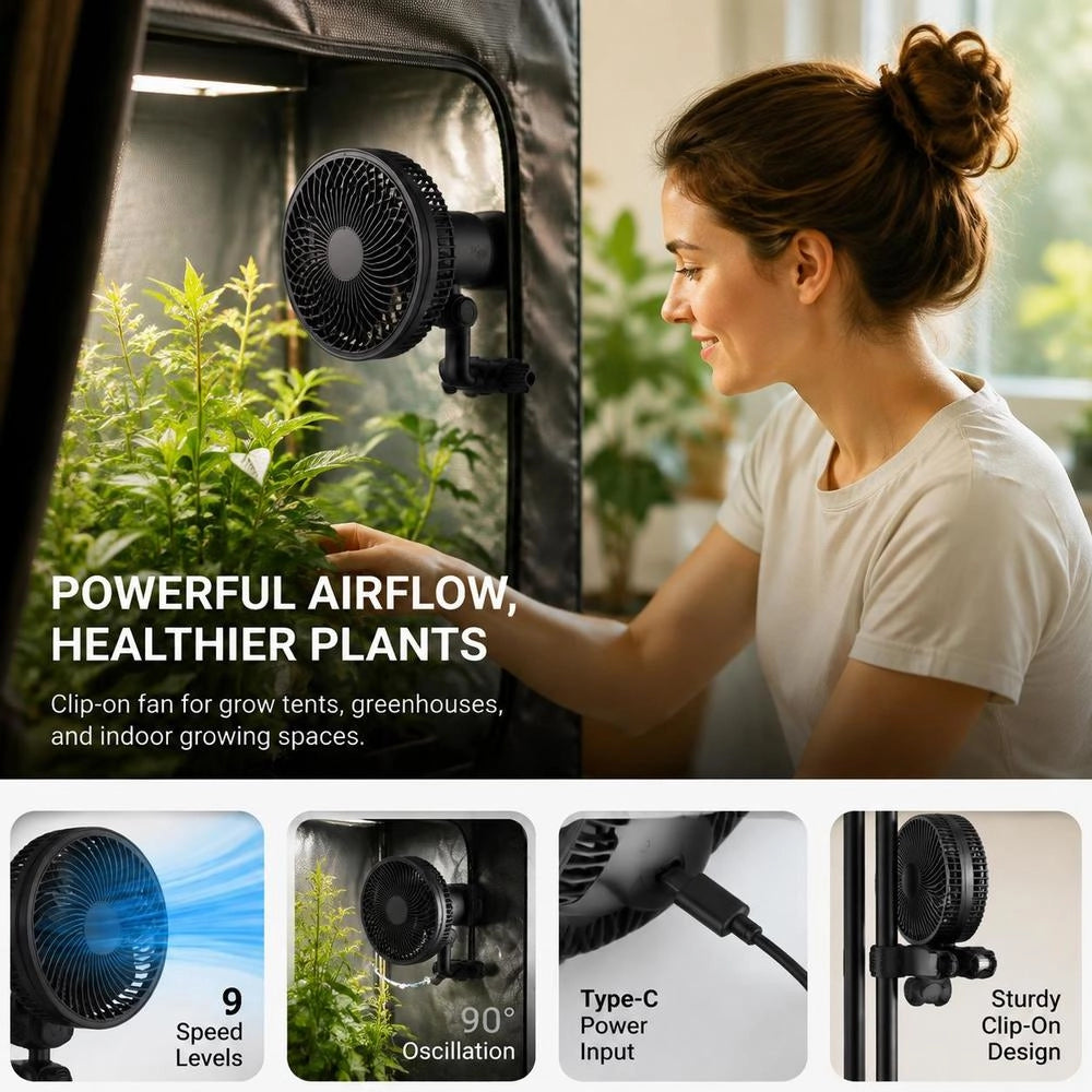Plant Fan, Grow Tent Clip On Fan Rechargeable, USB Port With 9 Speeds & Circulation Mode, Smart Control, Powerful Oscillating, Long Runtime For Hydroponics Circulation Cooling, Black, 1 Pack