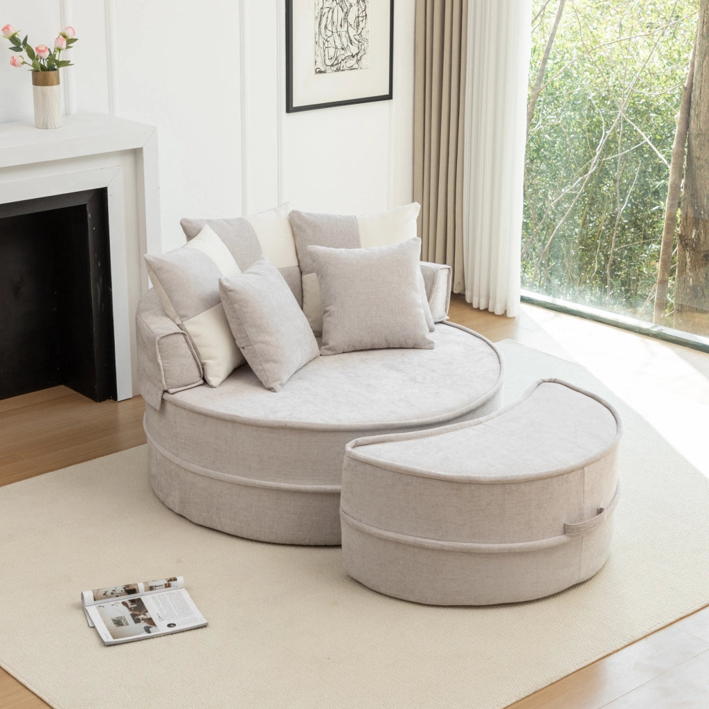 Poltrona lounge rotonda moderna con pouf e 5 cuscini in ciniglia grigia
