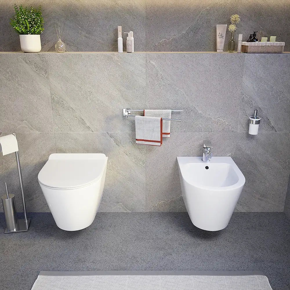 Sanitari sospesi in ceramica bianco lucido vaso rimless sedile soft-close e bidet | Barcellona